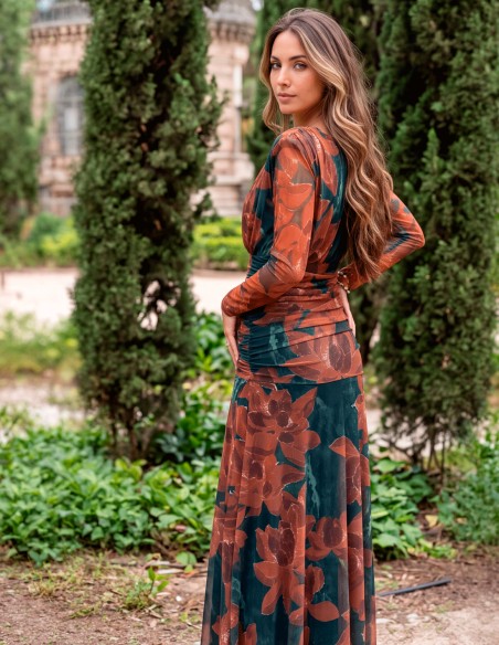 Midi-length tulle dress with a floral print in shades of petrol blue and copper