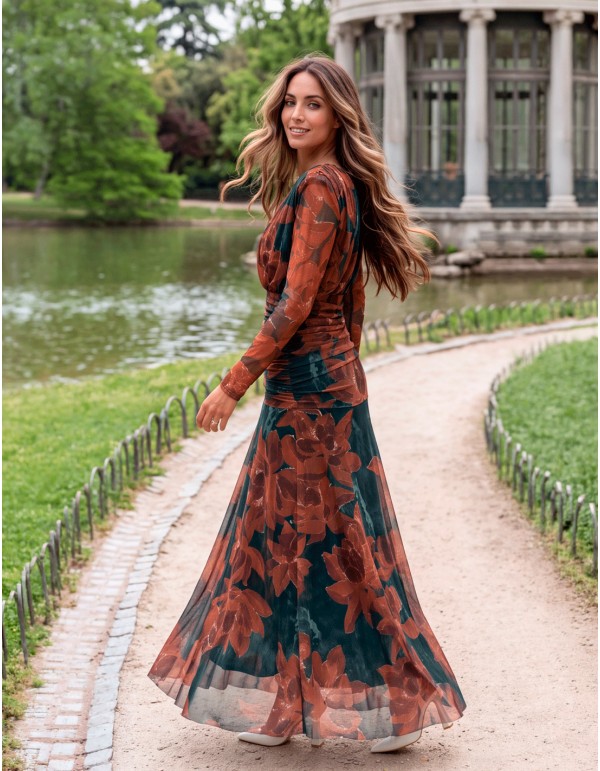 petrol blue and copper-toned midi dress