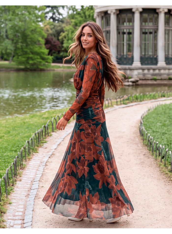 petrol blue and copper-toned midi dress