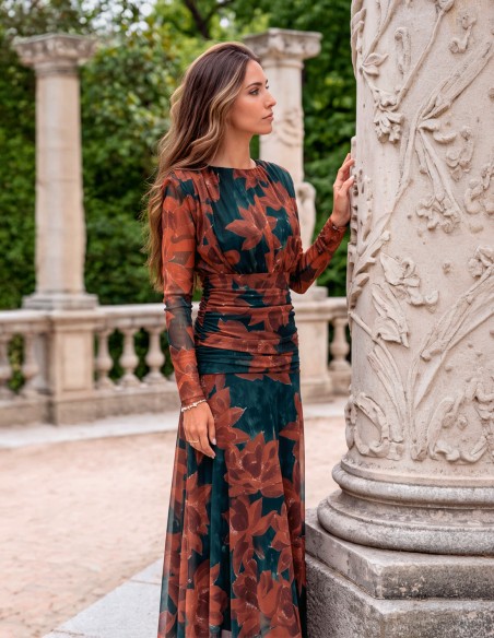 Petrol blue midi dress with a floral-print tulle overlay
