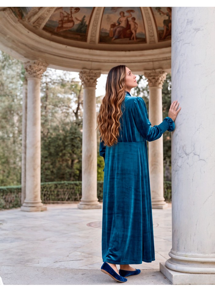 long kimono en velours bleu pétrole