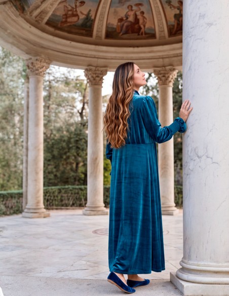 long kimono en velours bleu pétrole