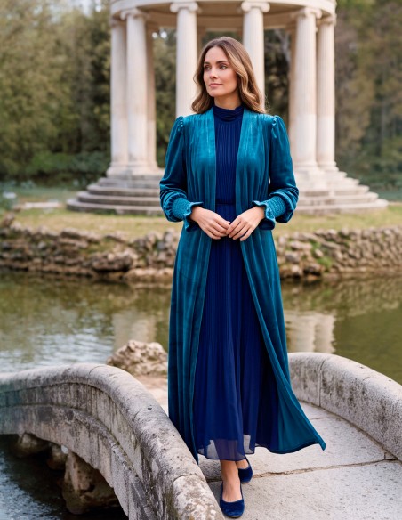 Long kimono en velours bleu pétrole