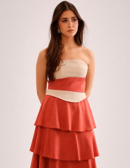 Vestido largo palabra de honor en color coral