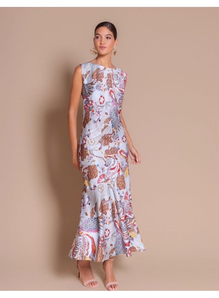 Robe longue bleue en satin, ornée d'un imprimé...