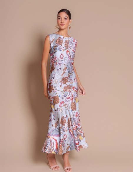 Long blue satin dress with an exotic bird print