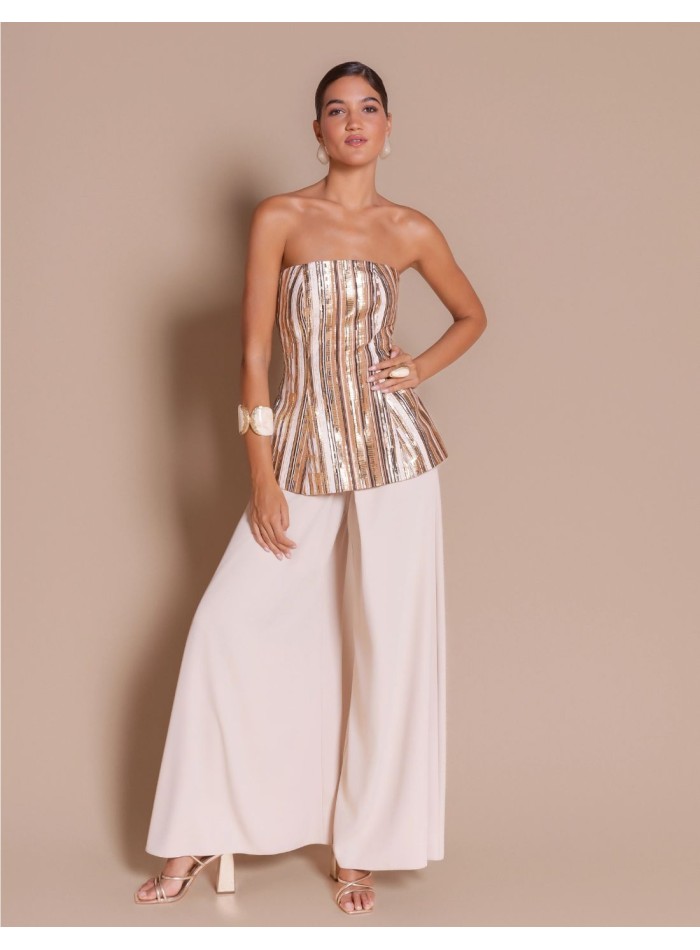 Pantalón palazzo crema de pierna ancha para invitada