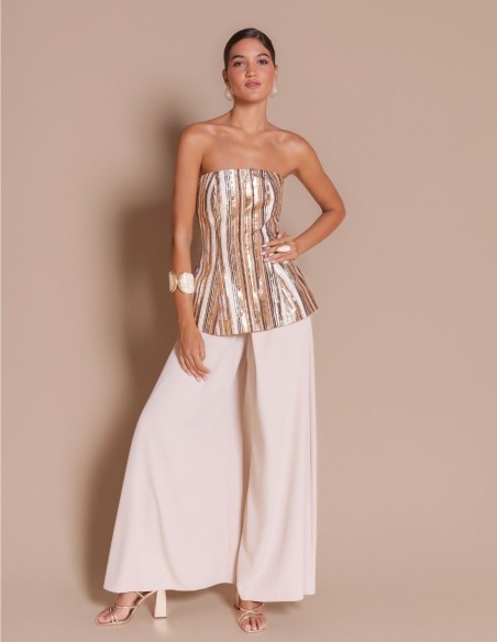 Pantalón palazzo crema de pierna ancha para invitada