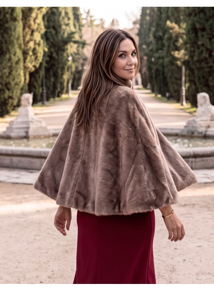 Brown synthetic fur coat with a high collar