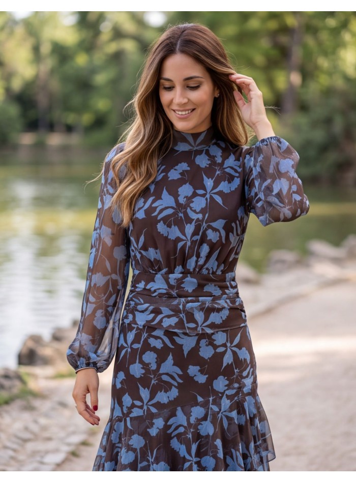 Brown midi dress with a blue floral print