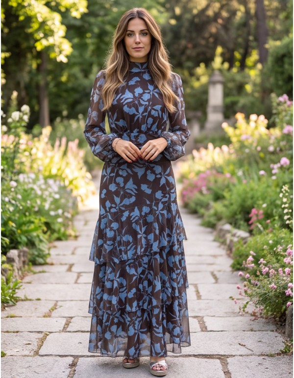 Brown midi dress with a blue floral print 2