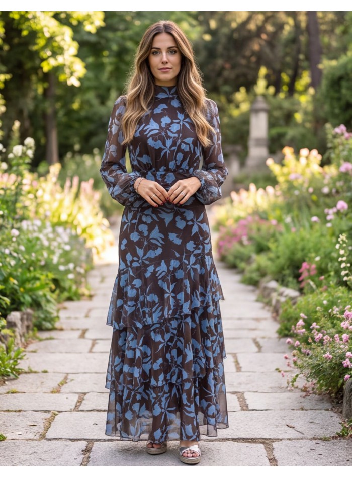 Brown midi dress with a blue floral print