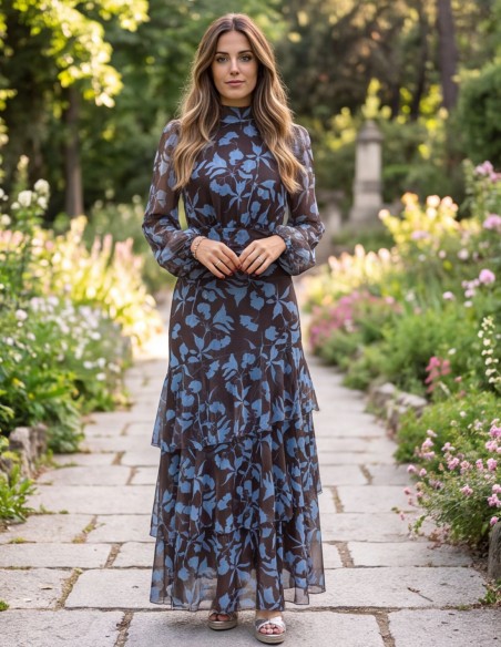Vestido midi marrón con estampado floral azul