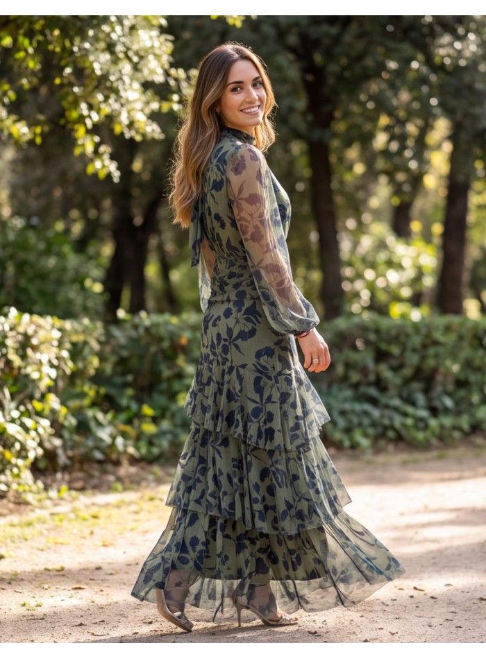 Robe midi vert olive à imprimé floral bleu marine