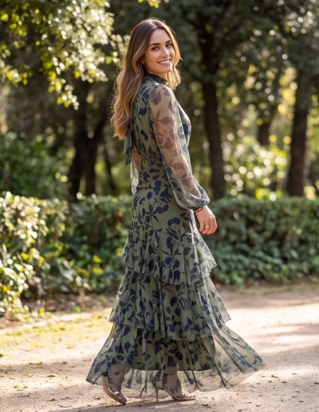 Robe midi vert olive à imprimé floral bleu marine