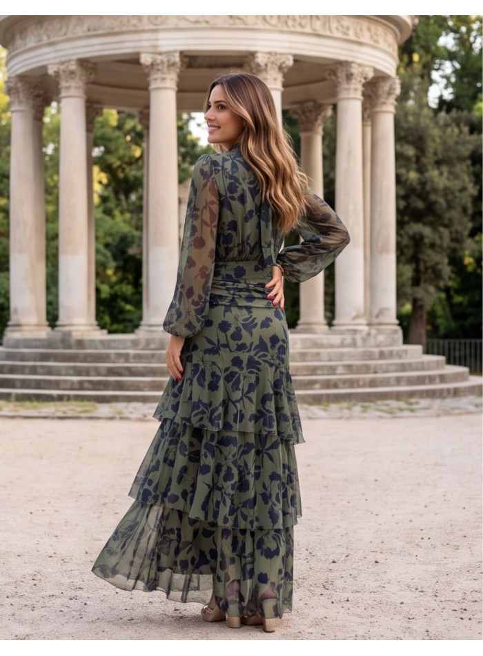 Olive green midi dress with a navy blue floral...