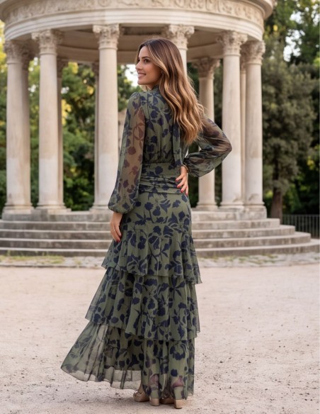 Olive green midi dress with a navy blue floral print