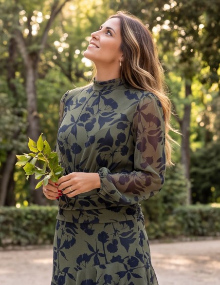 Olive green midi dress with a navy blue floral print