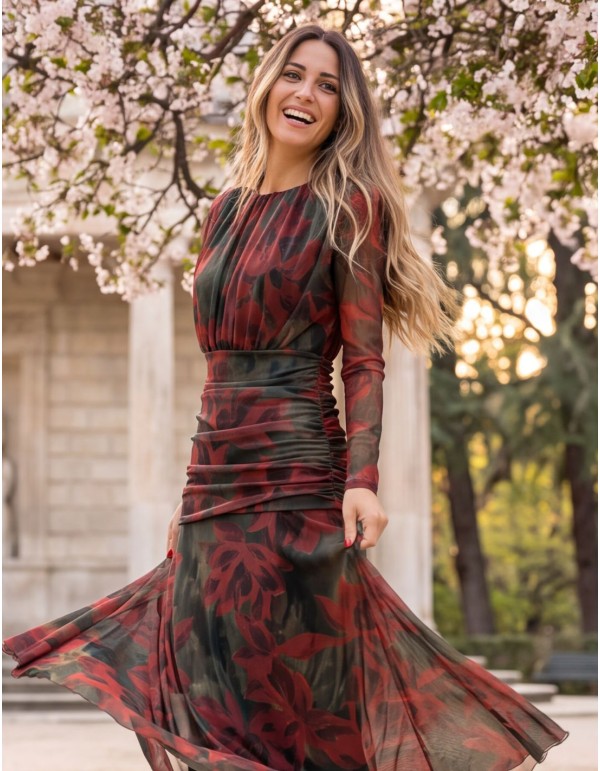 Robe midi en tulle vert bouteille à imprimé floral rouge 2