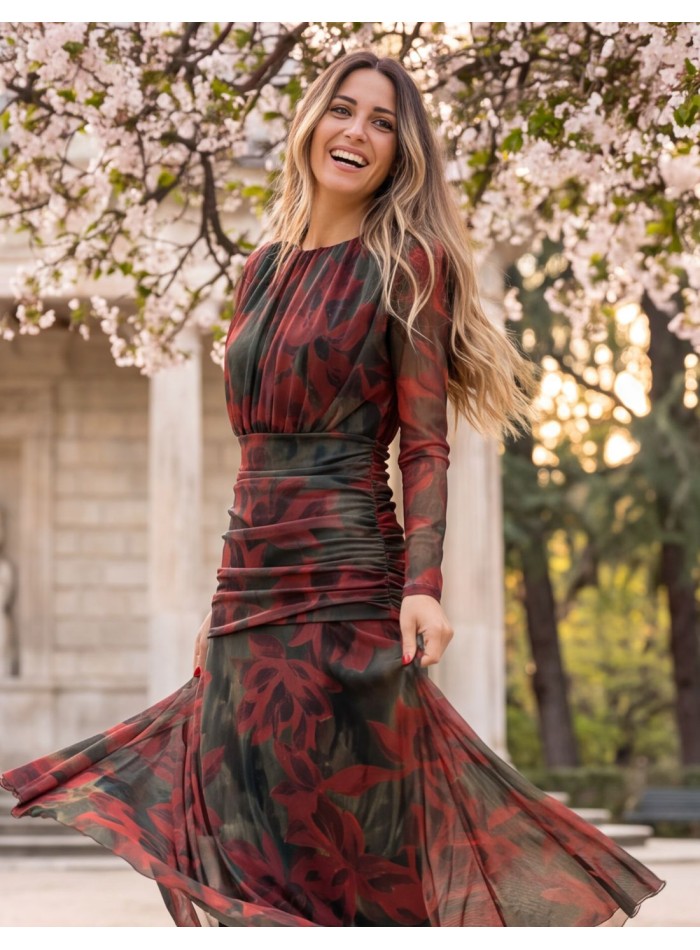 Bottle-green tulle midi dress with a red floral...