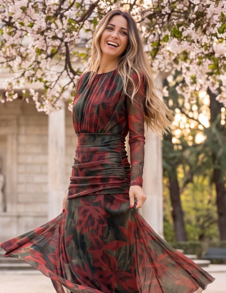 Robe midi en tulle vert bouteille à imprimé floral rouge
