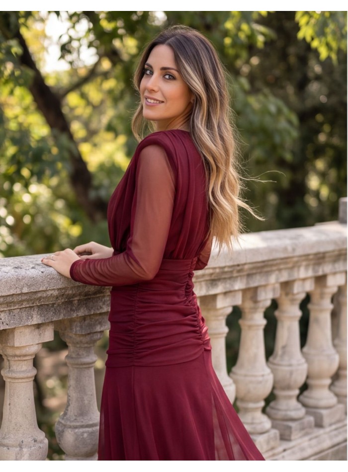 Maroon tulle midi dress with structured shoulders