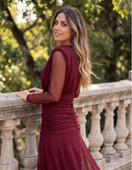 Maroon tulle midi dress with structured shoulders