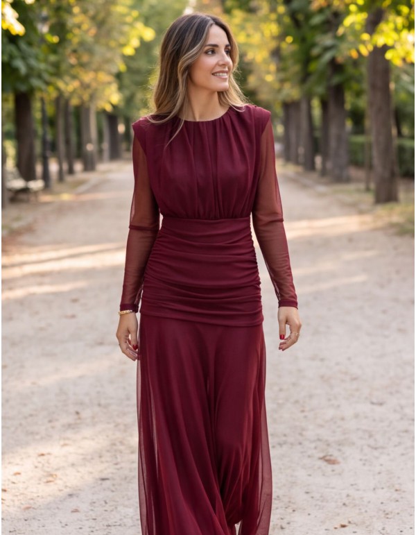 Maroon tulle midi dress with structured shoulders