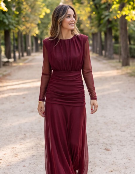 Maroon tulle midi dress with structured shoulders