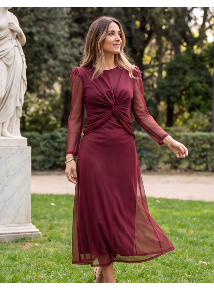 Maroon tulle midi dress with a bow and puffed...
