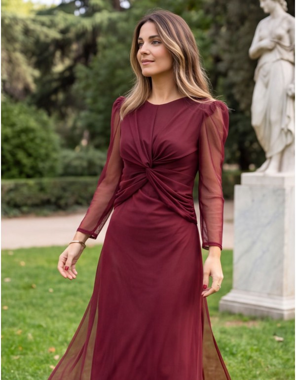 Vestido midi granate de tul con nudo y mangas abullonadas