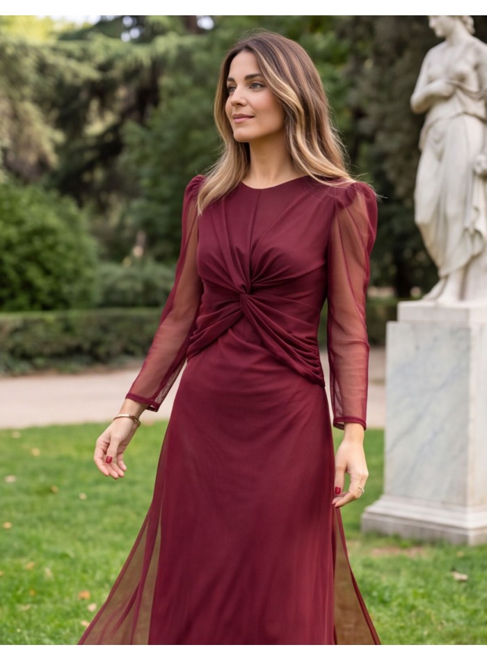 Vestido midi granate de tul con nudo y mangas abullonadas