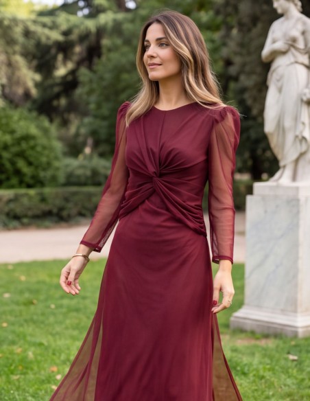 Maroon tulle midi dress with a bow and puffed sleeves