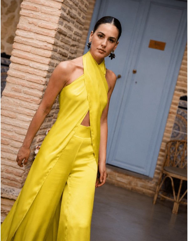 Haut long à col licou, couleur jaune citron