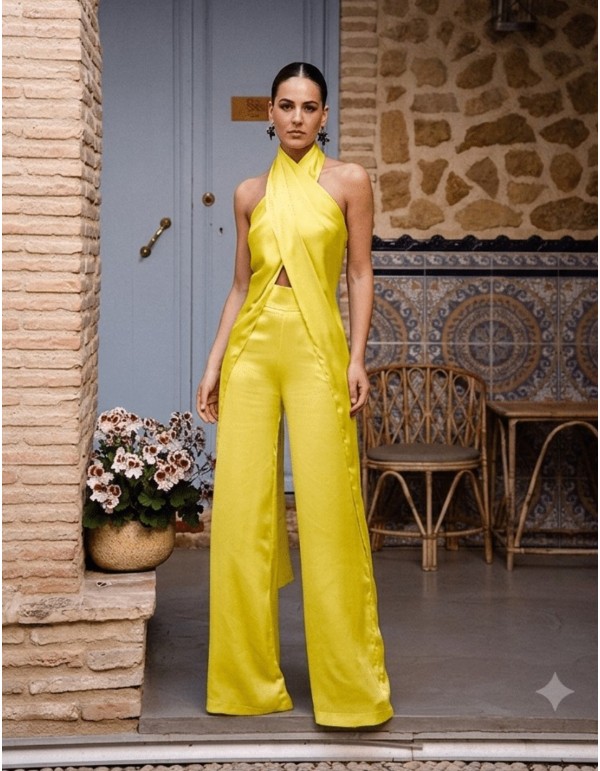 Haut long à col licou, couleur jaune citron 2