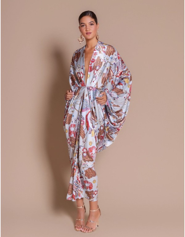 Blue satin kimono dress with a print