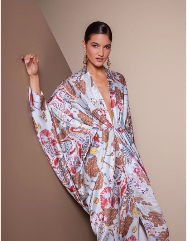 Blue satin kimono dress with a print 2