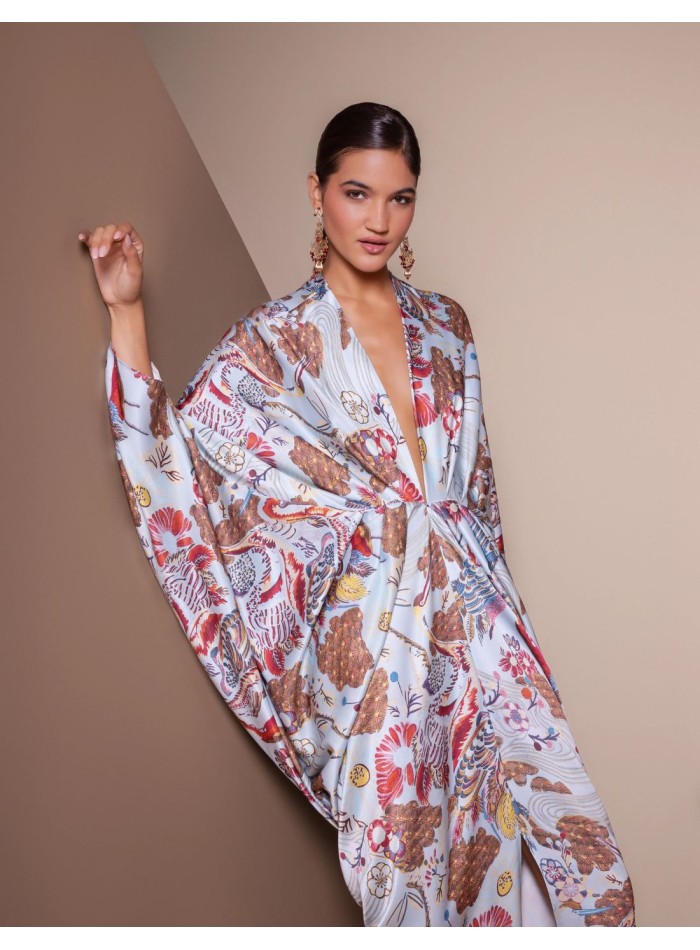Blue satin kimono dress with a print