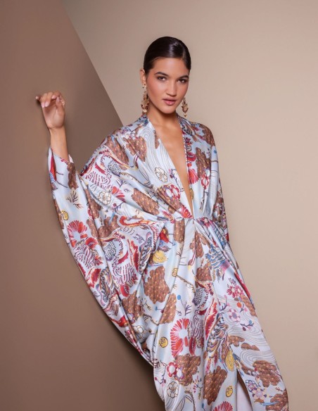 Blue satin kimono dress with a print