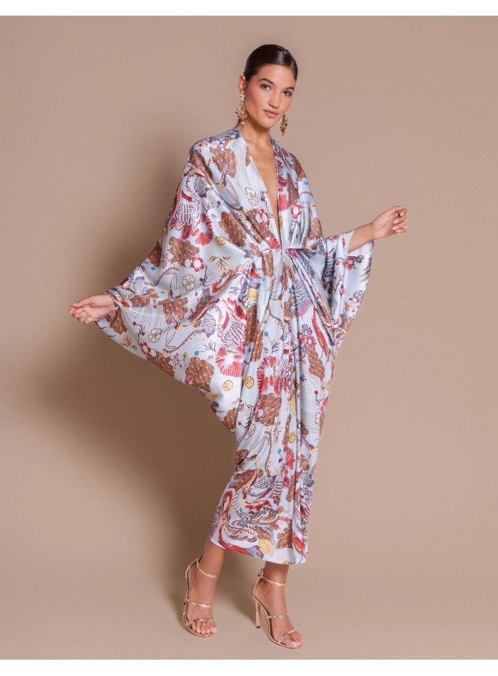 Blue satin kimono dress with a print