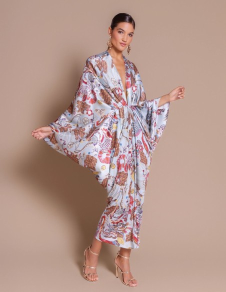 Blue satin kimono dress with a print