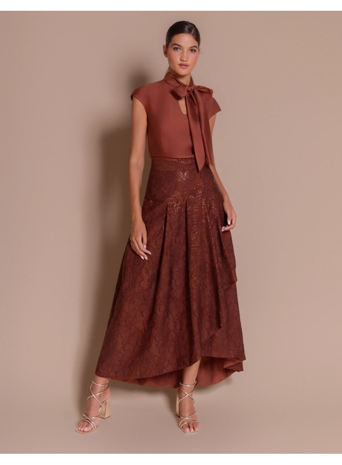 Jupe midi asymétrique à volants, en tissu...