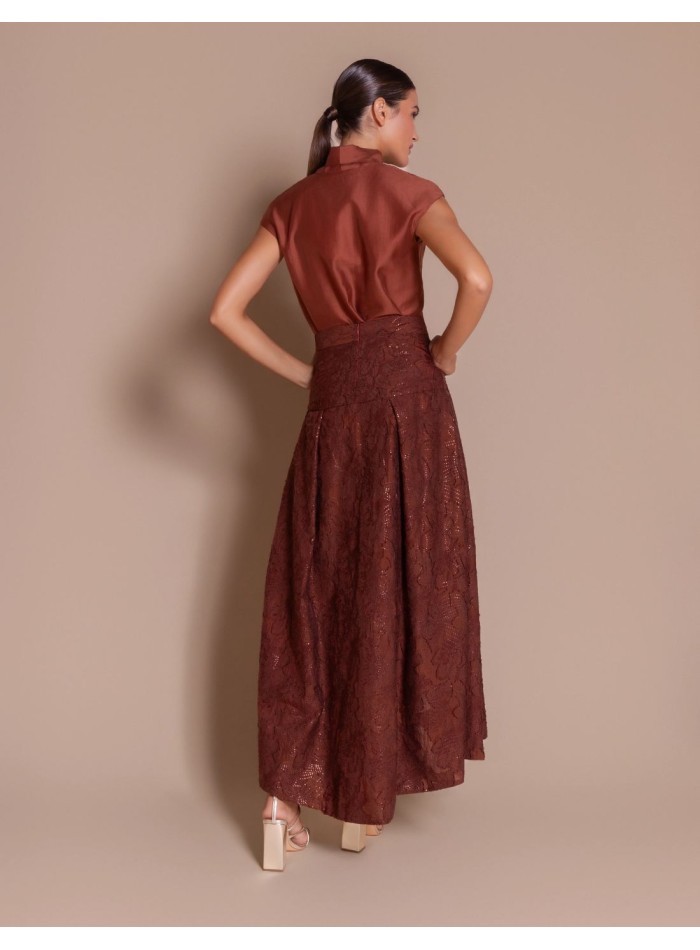 Asymmetrical-hem midi skirt in maroon devoré...
