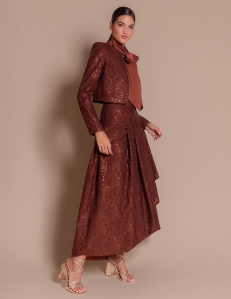 Asymmetrical-hem midi skirt in maroon devoré fabric