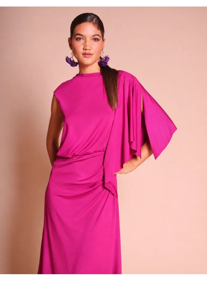 Silky knit midi dress with draping and an...