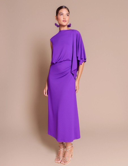 Purple silk-like knit midi dress with draping and asymmetrical sleeves