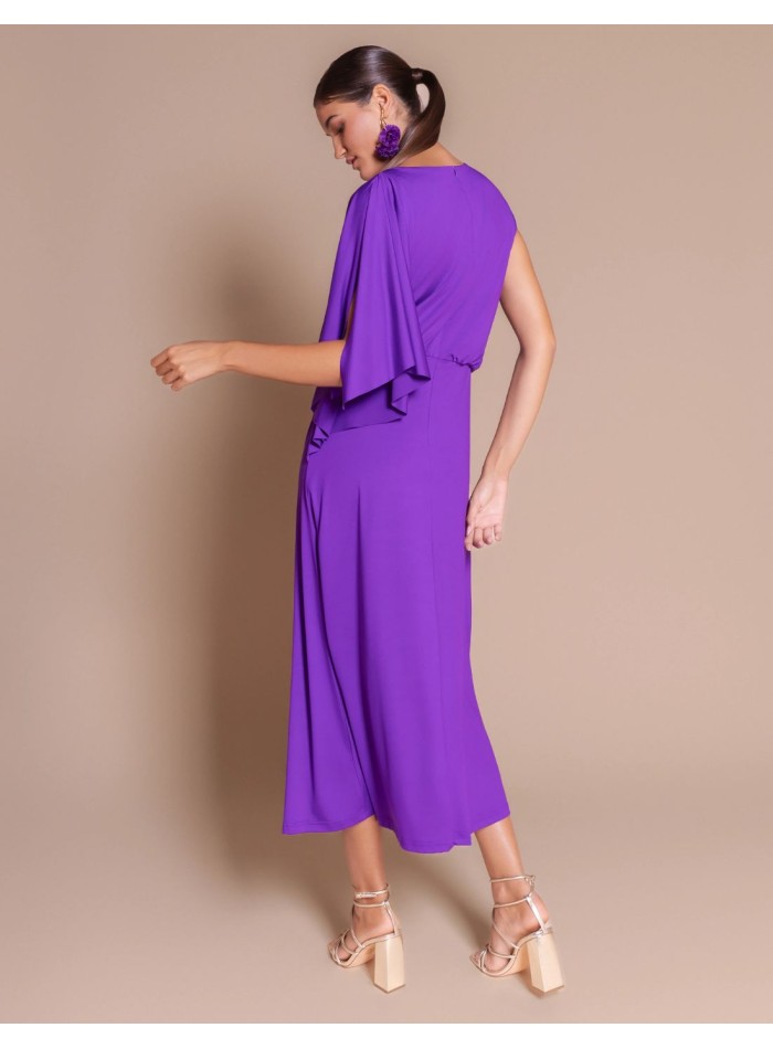 Purple silk-like knit midi dress with draping...