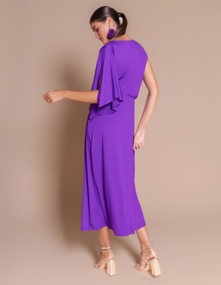 Purple silk-like knit midi dress with draping and asymmetrical sleeves