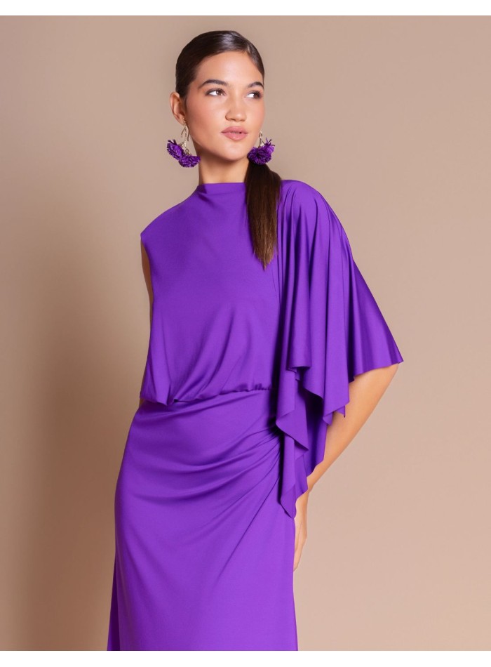 Vestido midi de punto sedoso con drapeado morado