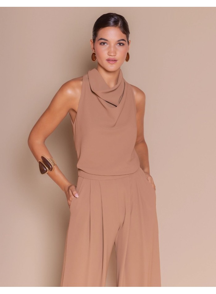 Hazelnut-colored crepe blouse with a draped...